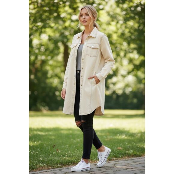 Whiteroom + Cactus Cotton Denim Shirt Dress Beige Snap Button Utility Size M - Picture 3 of 10